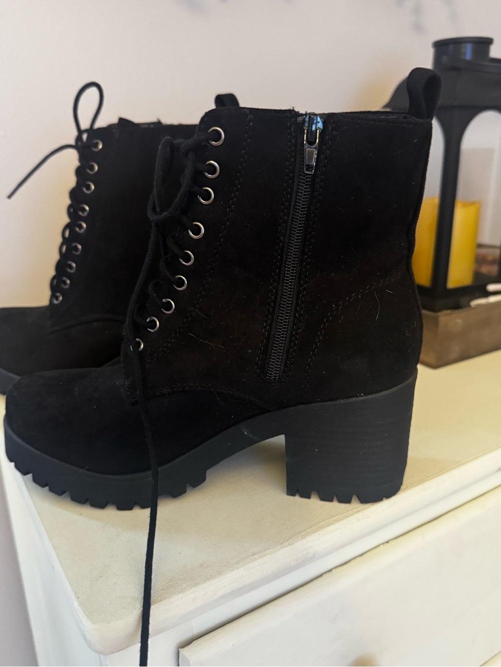 Soda Black Suede Lace-Up Chunky Heel Ankle Boots